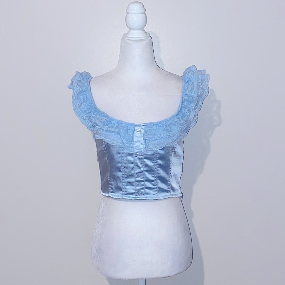 Bailey Rose baby blue satin ruffle crop top